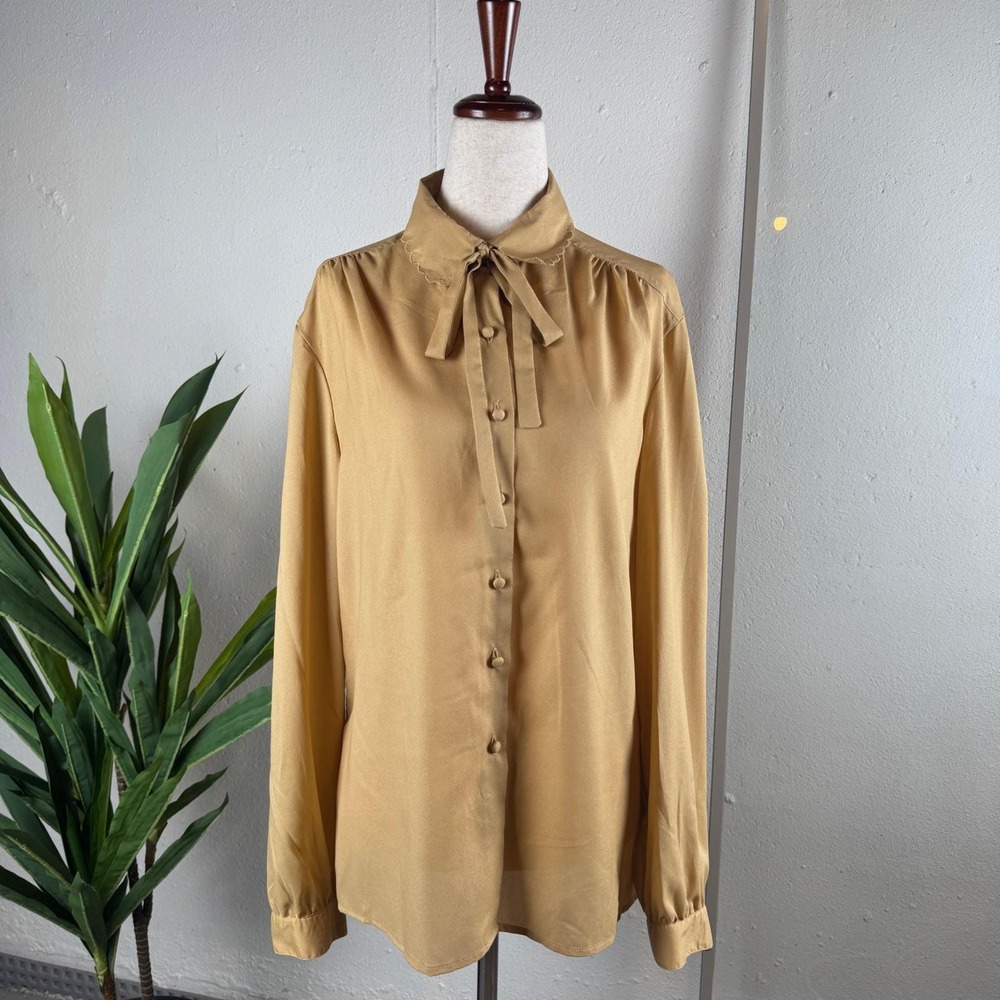 Vintage Personal Blouse Womens 16 Mustard Gold Bow Tie Neck Secretary